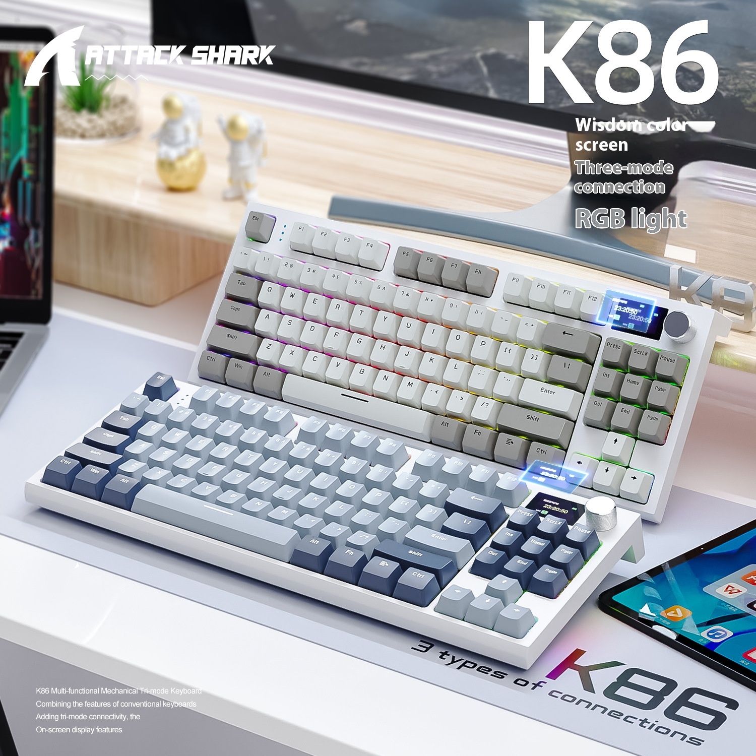 Attack Shark K86 Triple-mode RGB Bluetooth 2.4G Wired Illuminated Display Hot-swappable Mechanical Keyboard