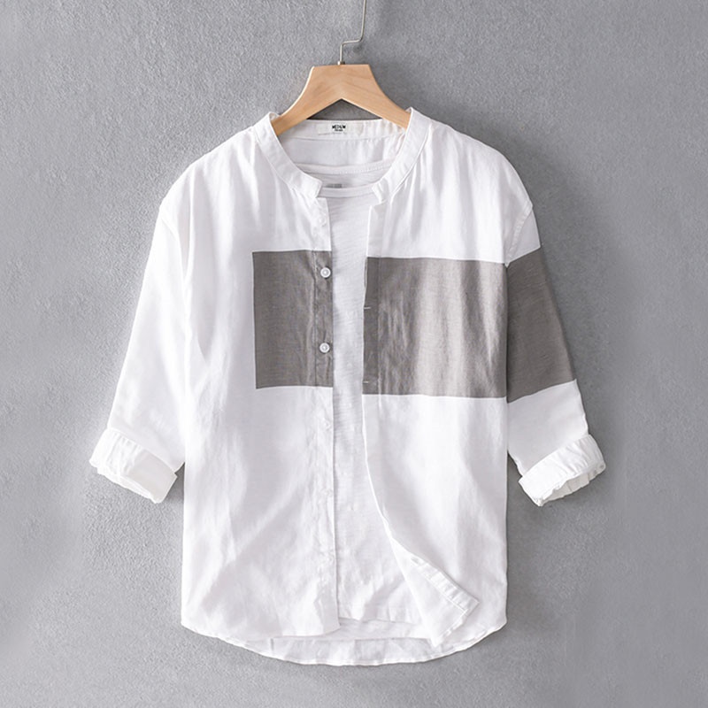 Summer Thin Linen Shirt Men's Three-quarter Sleeves Japanese Retro Handsome Round Neck American Hip-hop Short-sleeved Cotton And Linen Shirt
