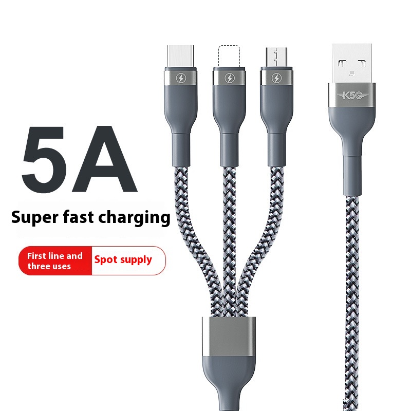One To Three Braided Cable 5A Suitable For Apple Huawei Super Fast Charging Android Mobile Phone Universal Three-in-one Charging Cable